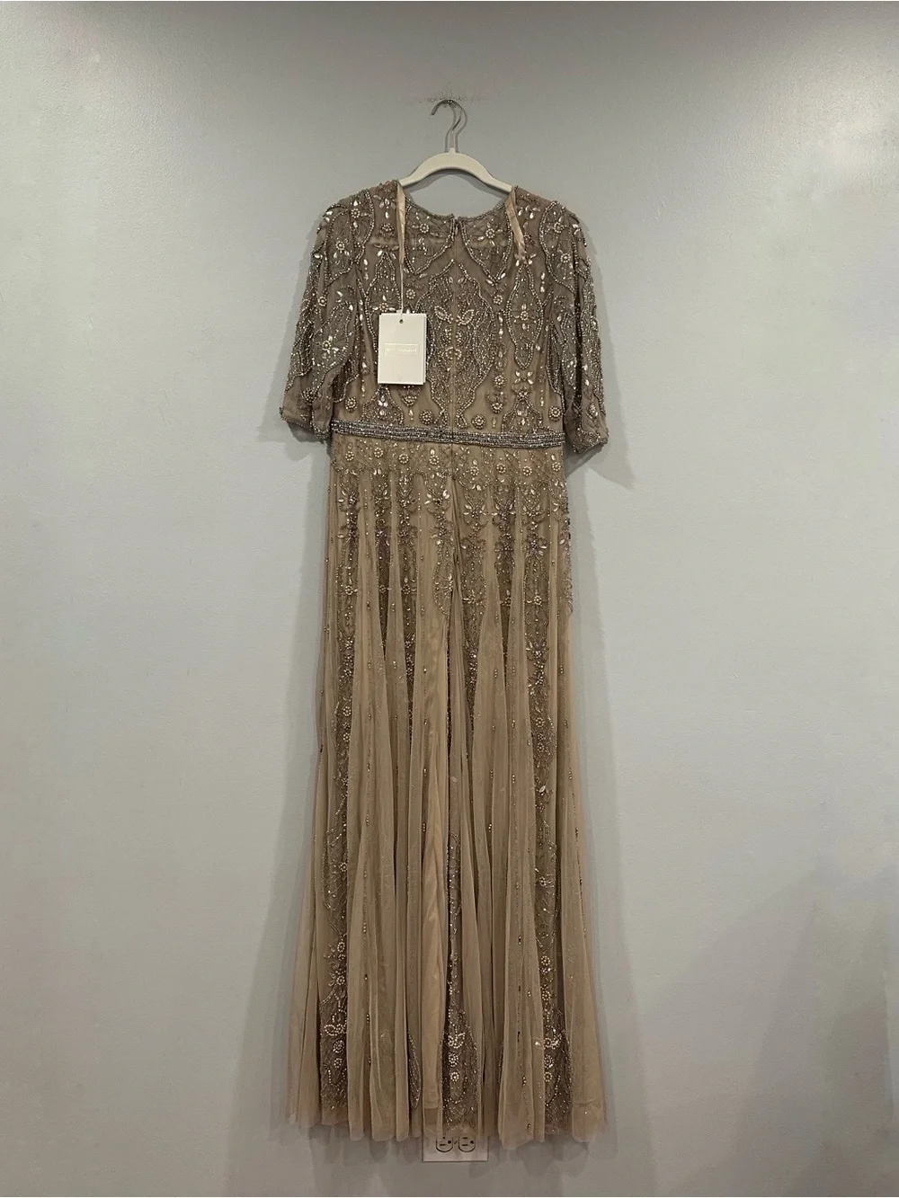 Mac Duggal 10115 Beige 3/4 Sleeve Embellished A-line Gown sz 10